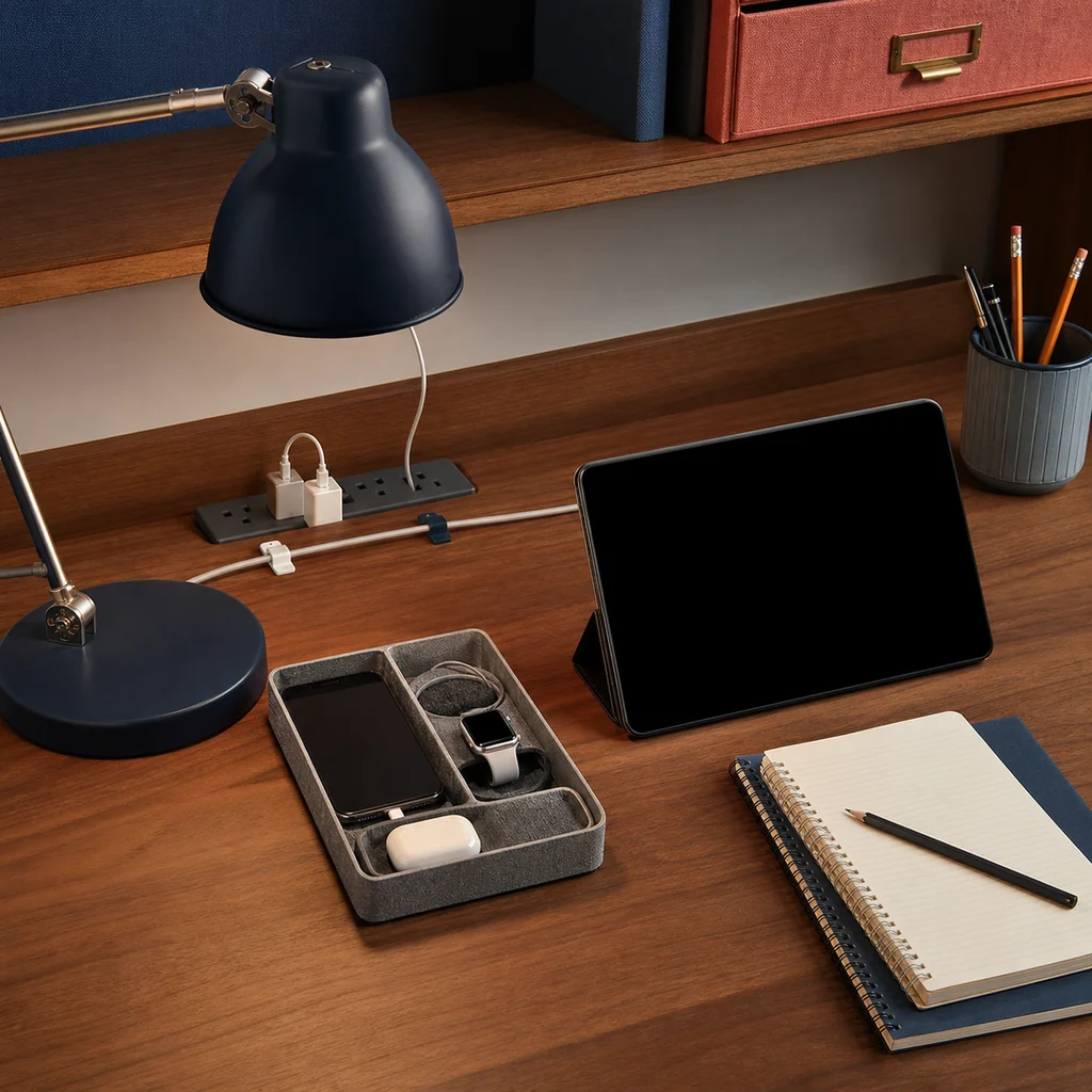 Teen study desk with task lamp, cable clips, charging tray, tablet, notebook, and tidy supplies