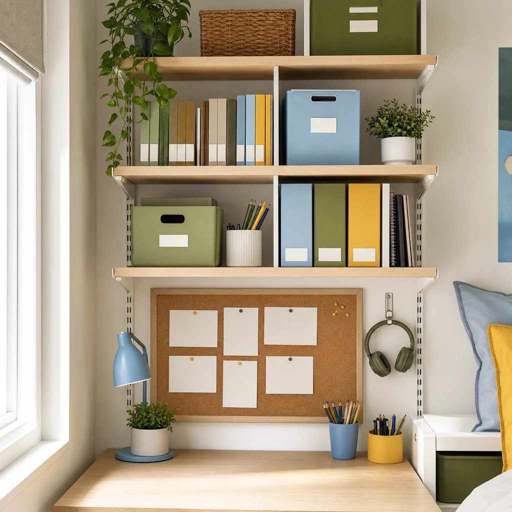Wall shelves, cork board, folders, pencil cups, and headphones above a teen study desk
