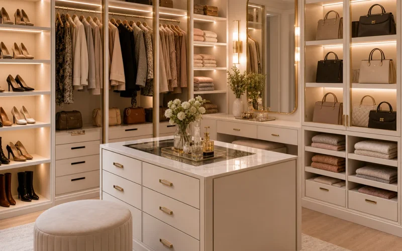 Modern walk-in dressing room with wardrobes shelves and warm lighting