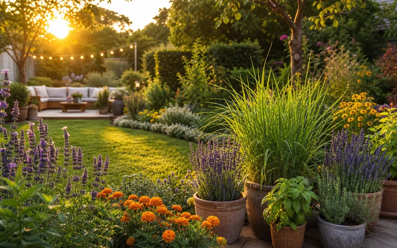 Backyard garden with mosquito repelling plants including lavender, marigolds, and herbs