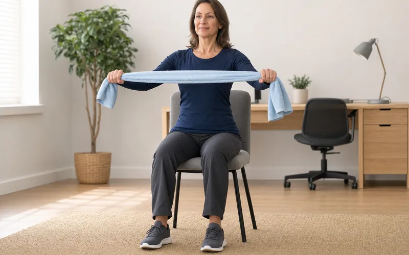 Woman seated upright holding a towel for shoulder mobility exercises
