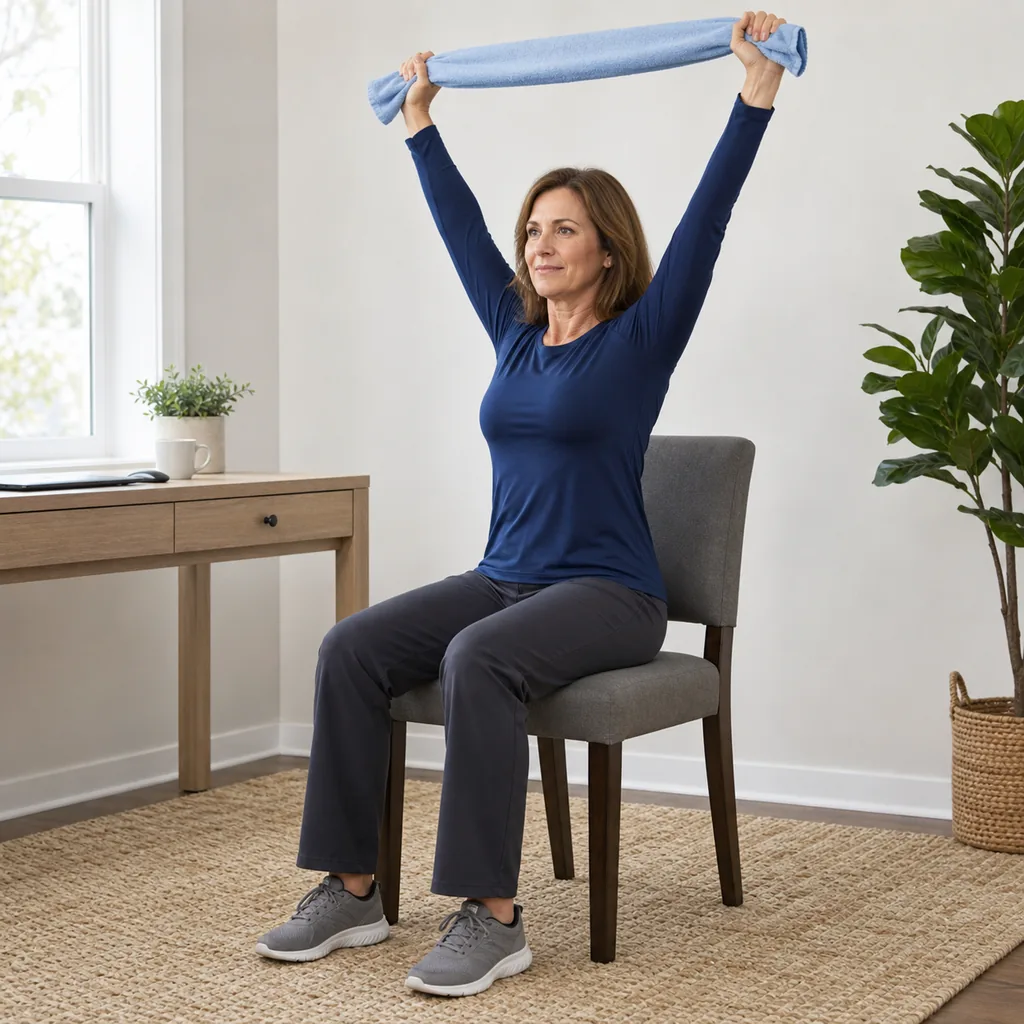 Seated wide grip towel raise within a comfortable shoulder range