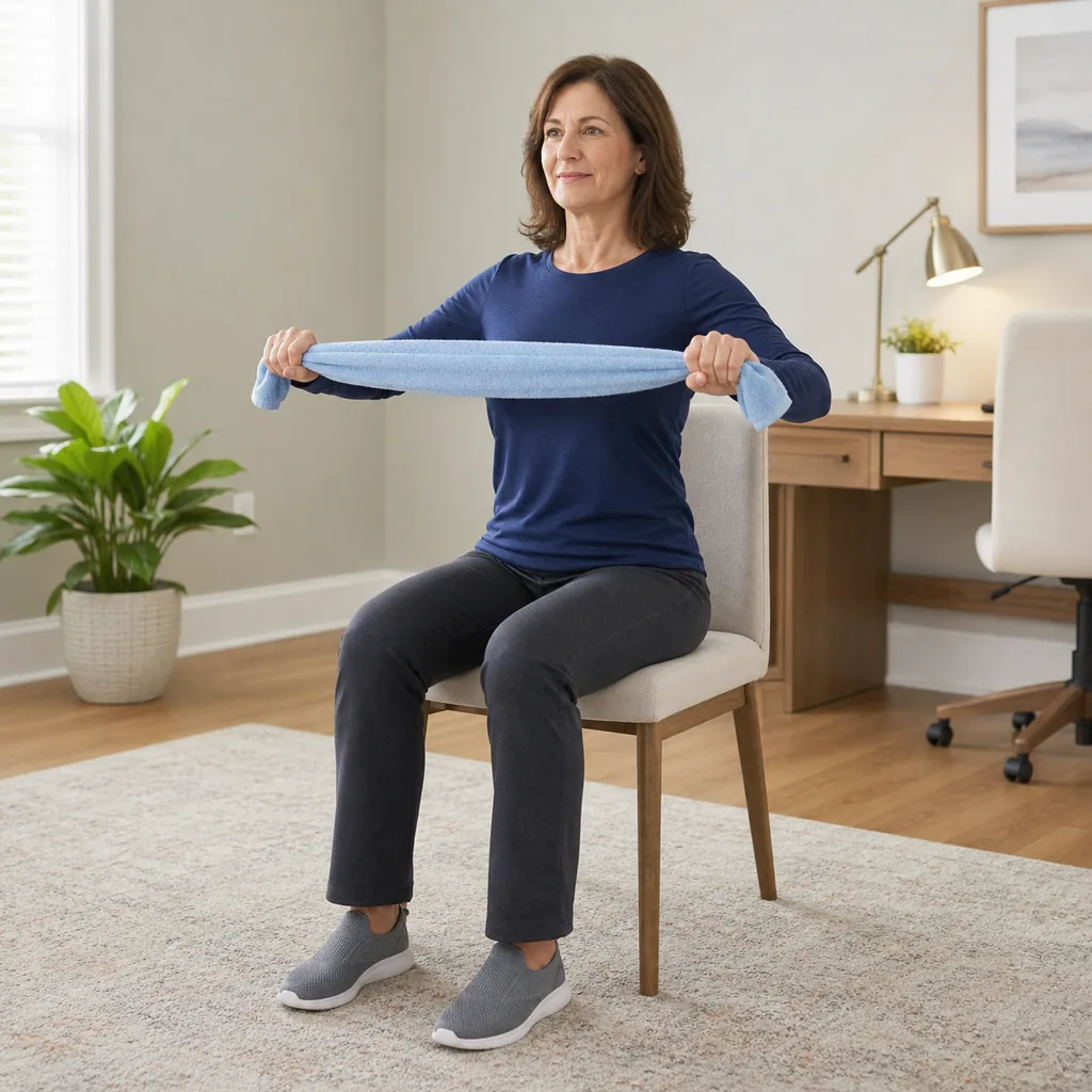 Seated towel pull apart with relaxed shoulders