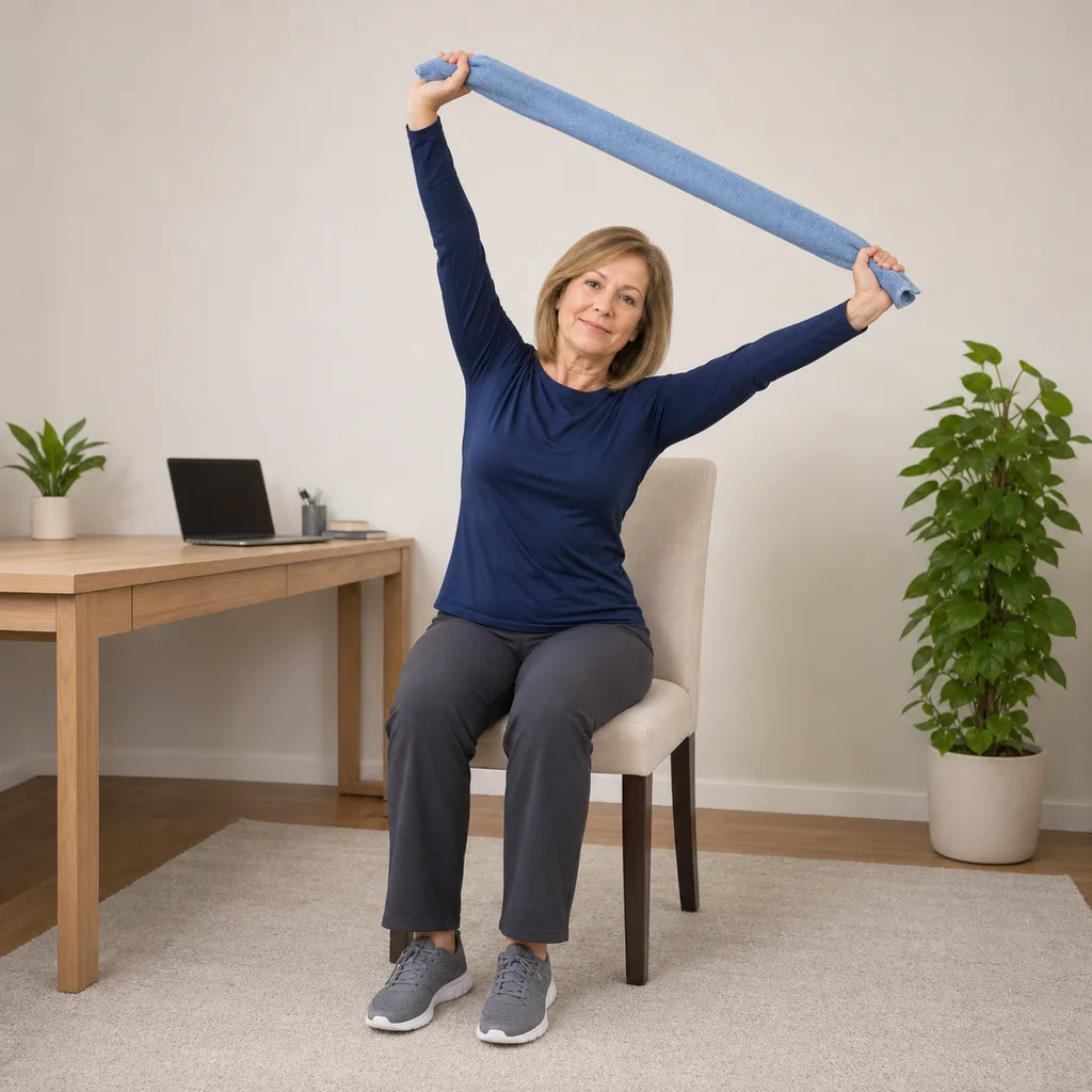 Seated overhead towel side reach with both hips supported
