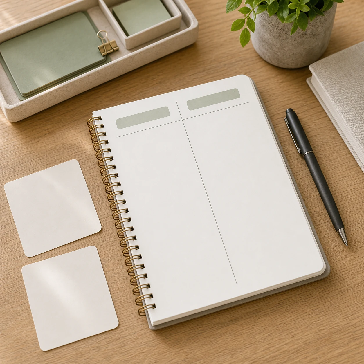 Blank notebook with two columns cards pen and tidy tray