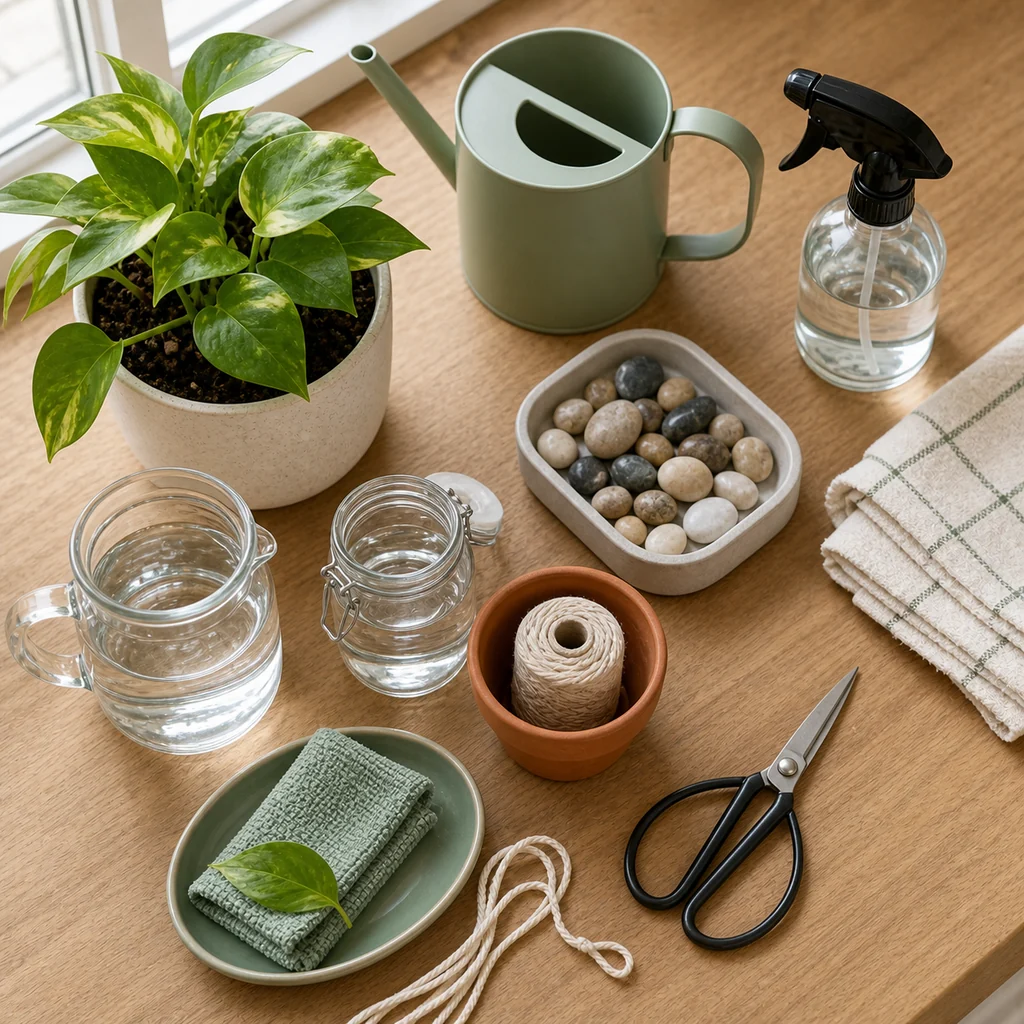 Plant care supplies on a wooden counter with cotton cord, jars, pebbles, towels, and watering can
