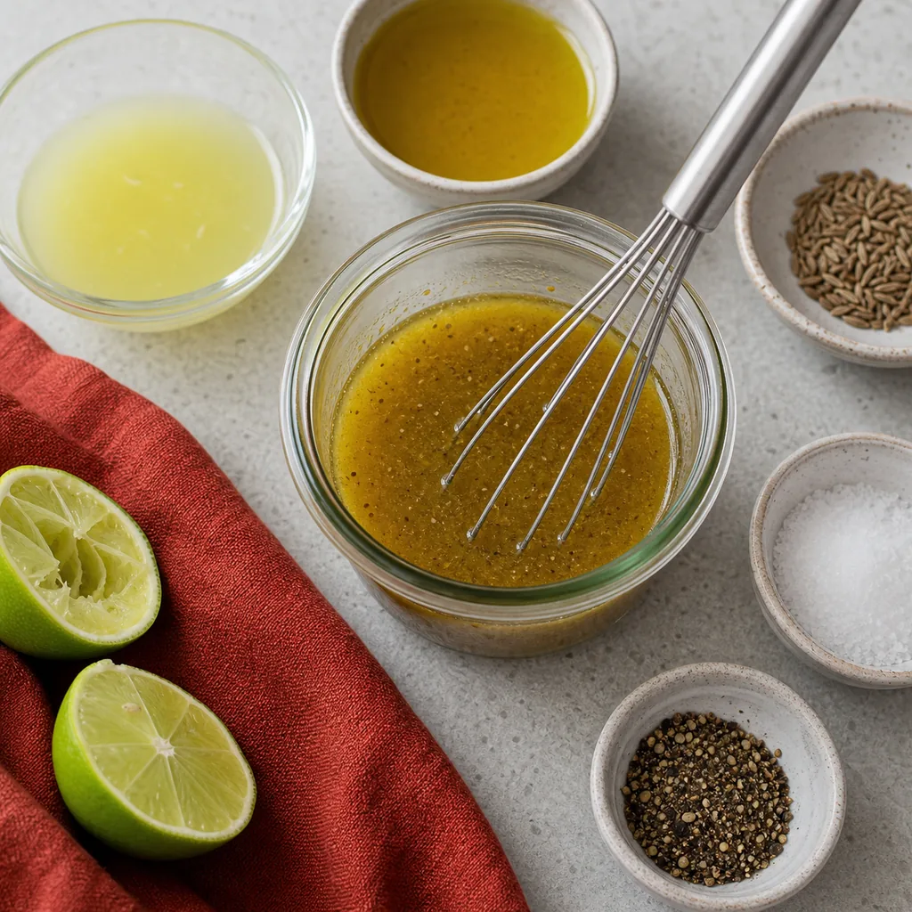 Lime cumin dressing being whisked for vegan black bean salad