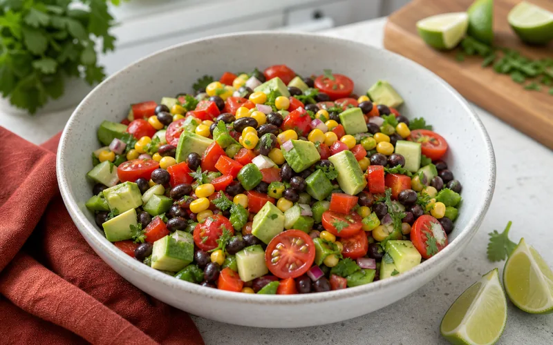 Colorful vegan black bean salad with vegetables and avocado