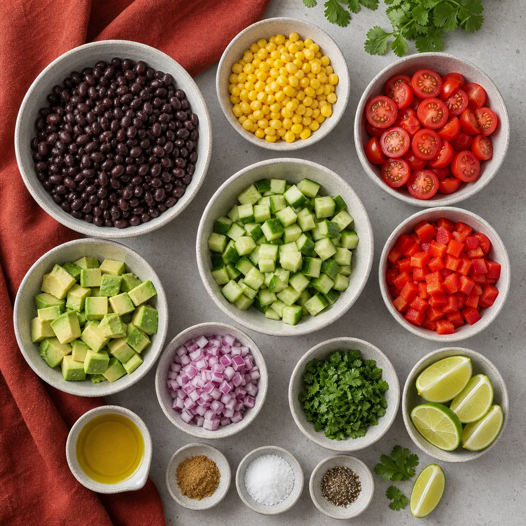 Black beans, corn, vegetables, avocado, lime and seasonings for vegan salad