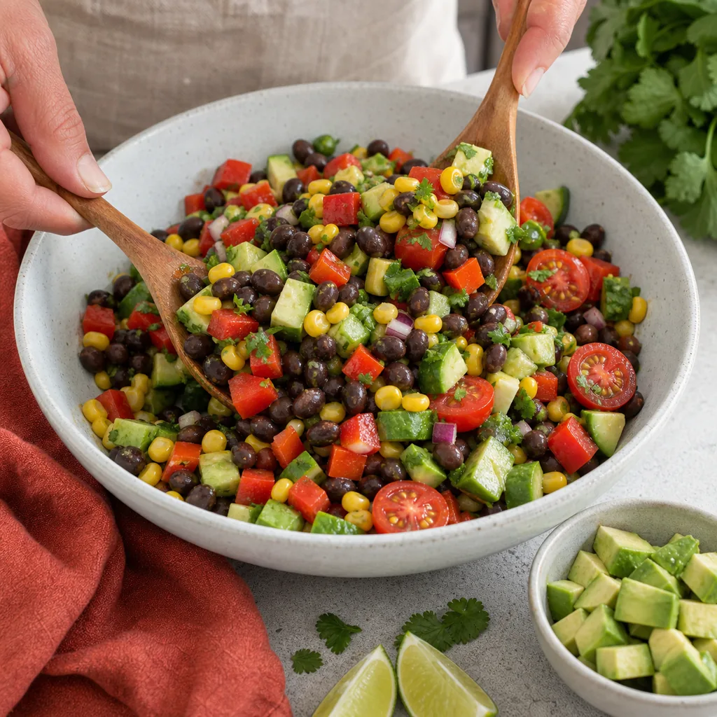 Fresh vegan black bean salad being tossed with wooden spoons