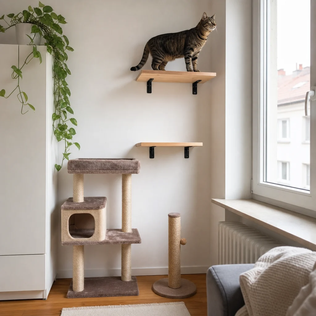 Indoor cat using wall shelves and a compact cat tree beside a closed window