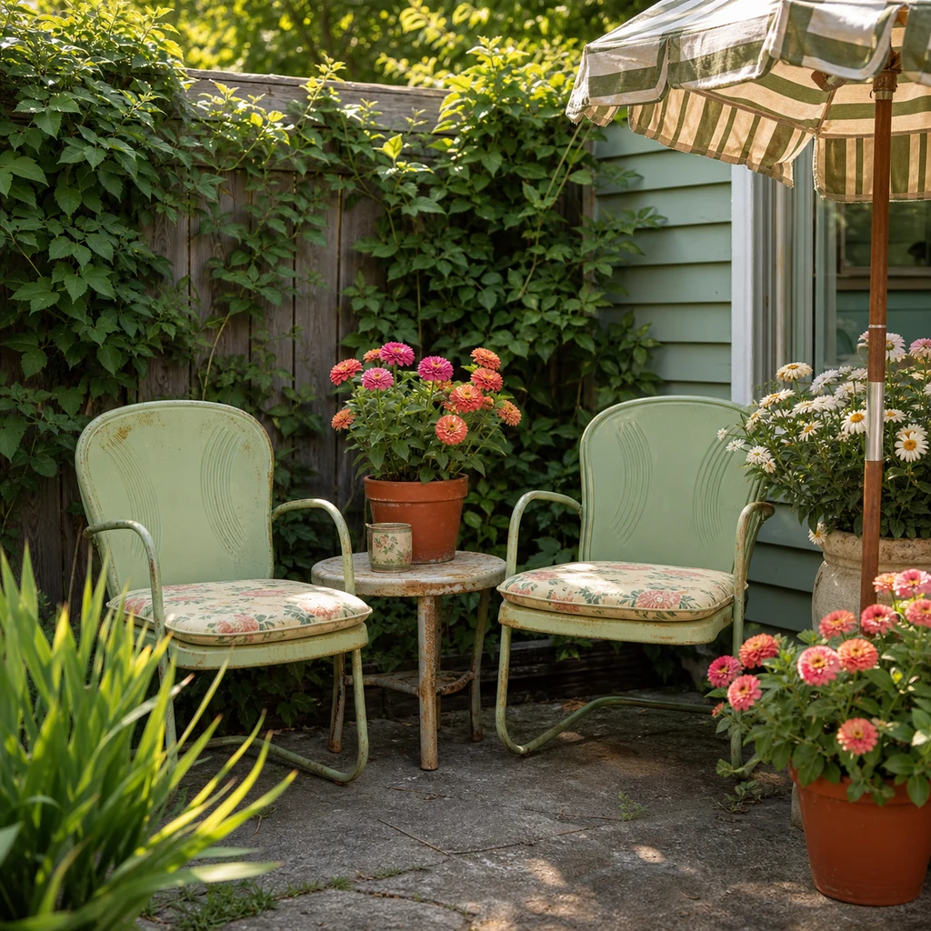 Vintage patio seating nook with green metal chairs and summer flowers