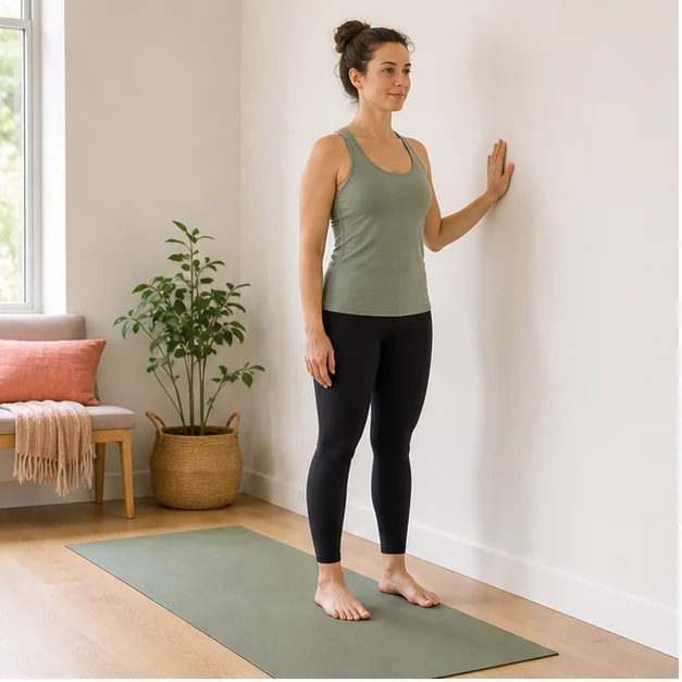 Beginner standing beside a wall ready for an at-home Wall Pilates routine