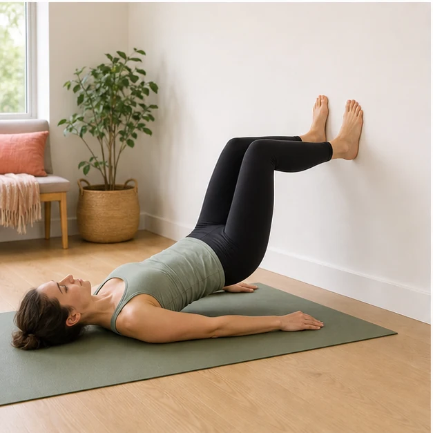 Beginner performing a bridge on a mat with both feet flat against a wall