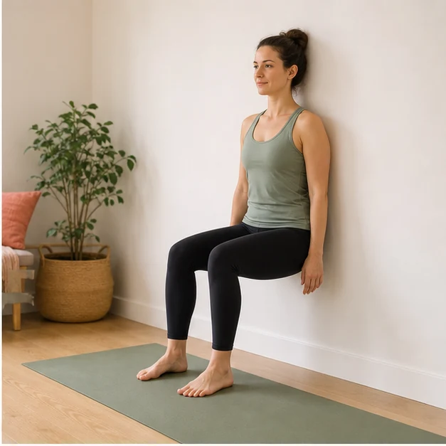 Beginner holding a comfortable wall squat with feet flat and knees above ankles