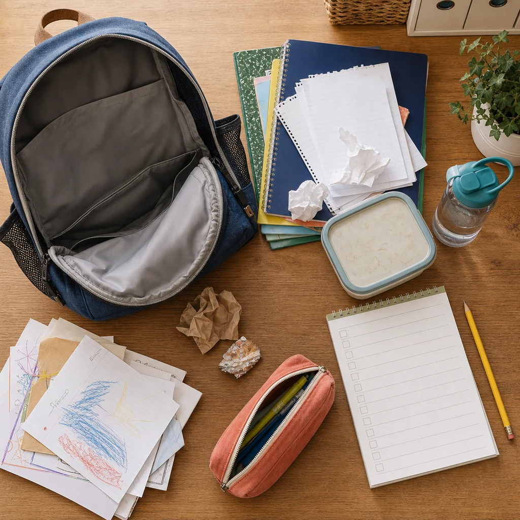 Weekly backpack cleanout with papers, pencil pouch, lunch container, and blank checklist