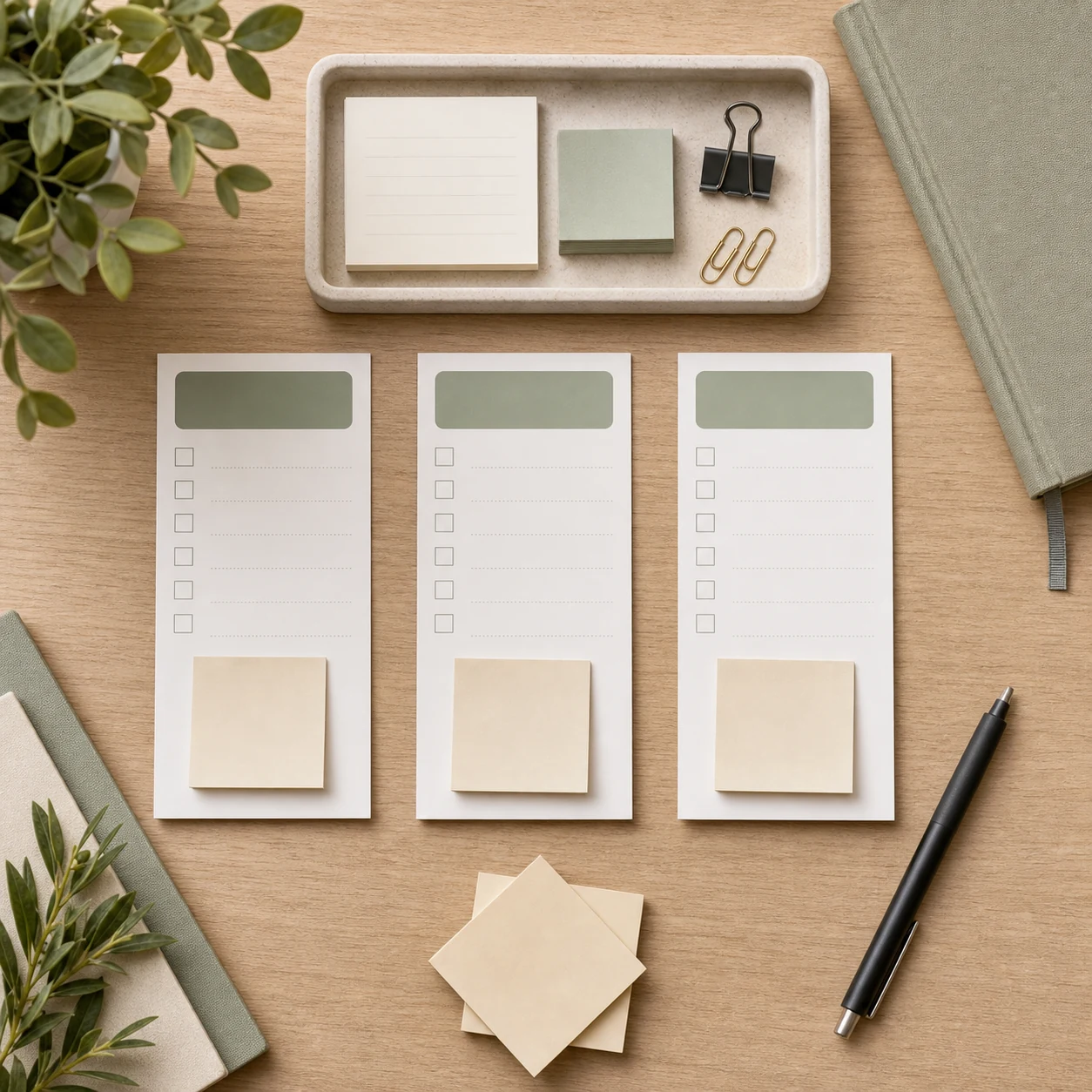 Blank weekly decision board cards with check boxes and neutral stationery
