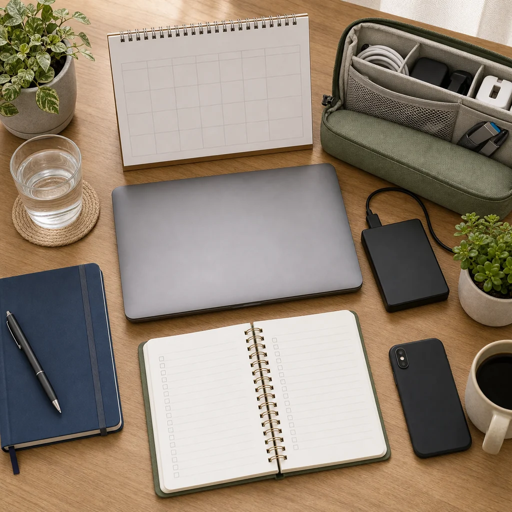 Notebook with blank checklist, laptop, phone, cable pouch, external drive, and plant