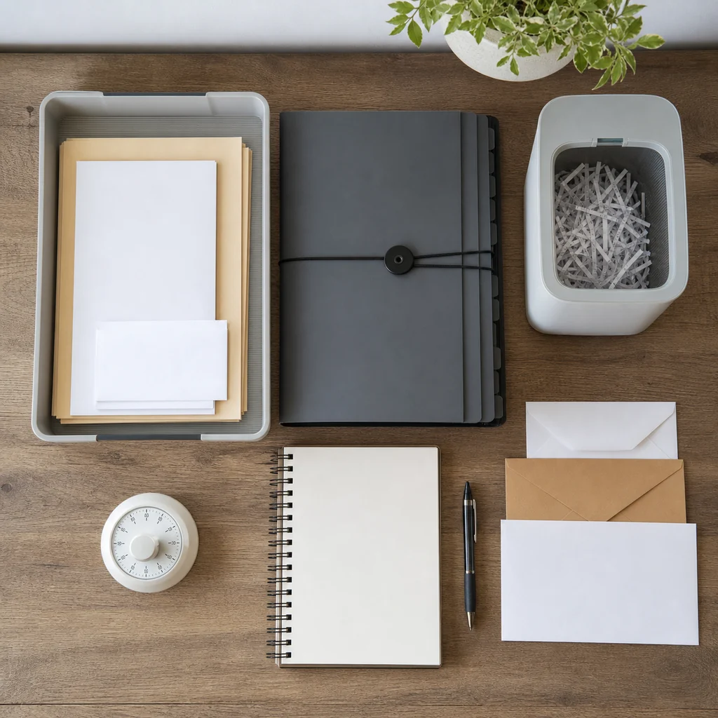 Paper inbox, accordion folder, shred bin, blank notebook, timer, pen, and envelopes