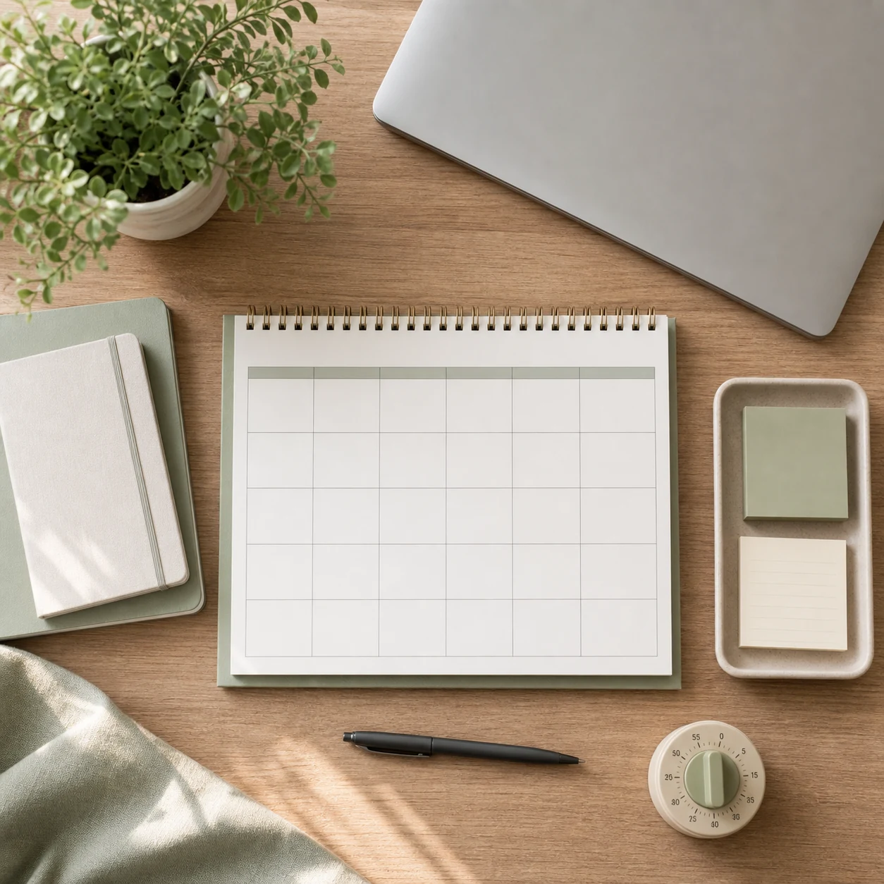 Blank weekly planning grid with closed laptop timer pen and neutral stationery