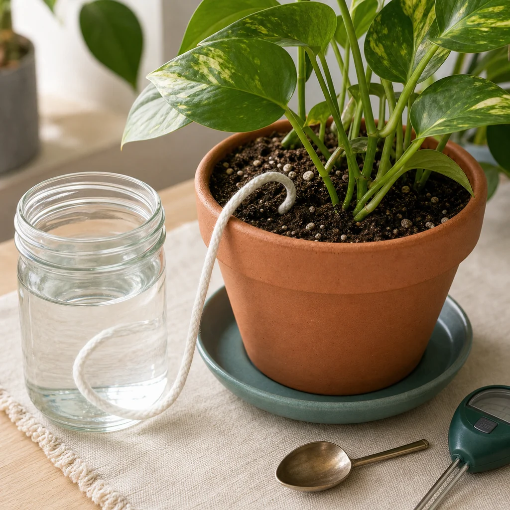 Cotton wick running from a glass water jar into a potted pothos plant