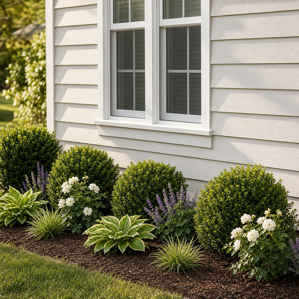 Foundation shrubs kept below a window with low flowers and tidy spacing