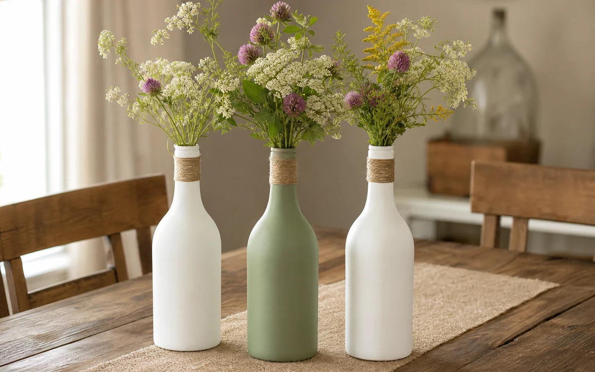 Painted wine bottle vases with flowers as easy upcycled DIY home decor