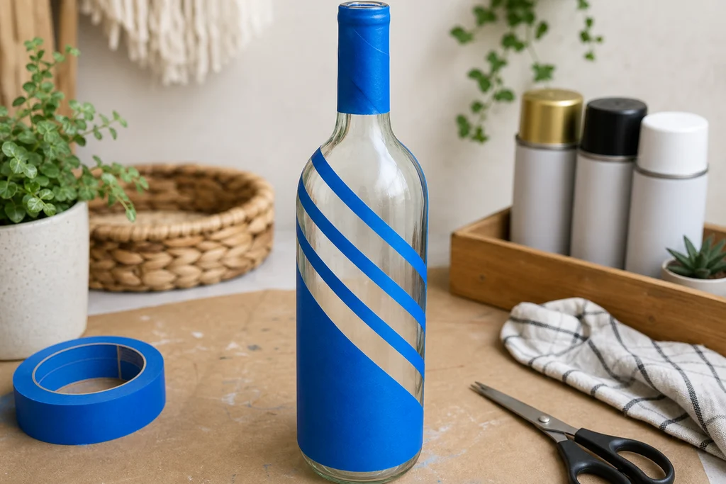 Wine bottle with painters tape stripes applied for a DIY vase paint design
