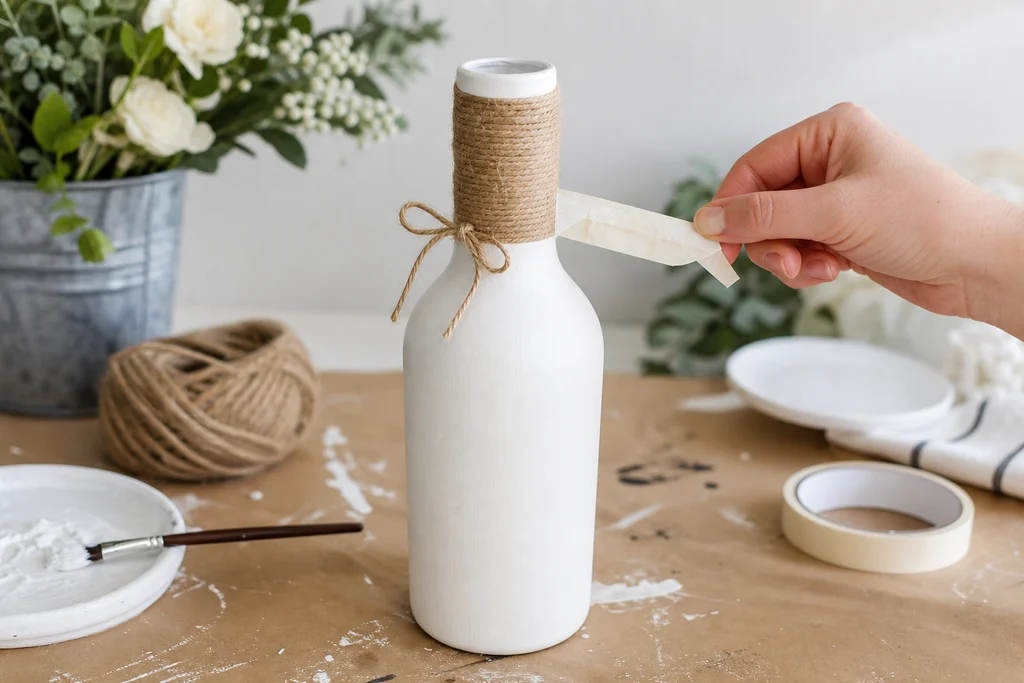 Painted wine bottle vase with jute twine wrapped around the neck