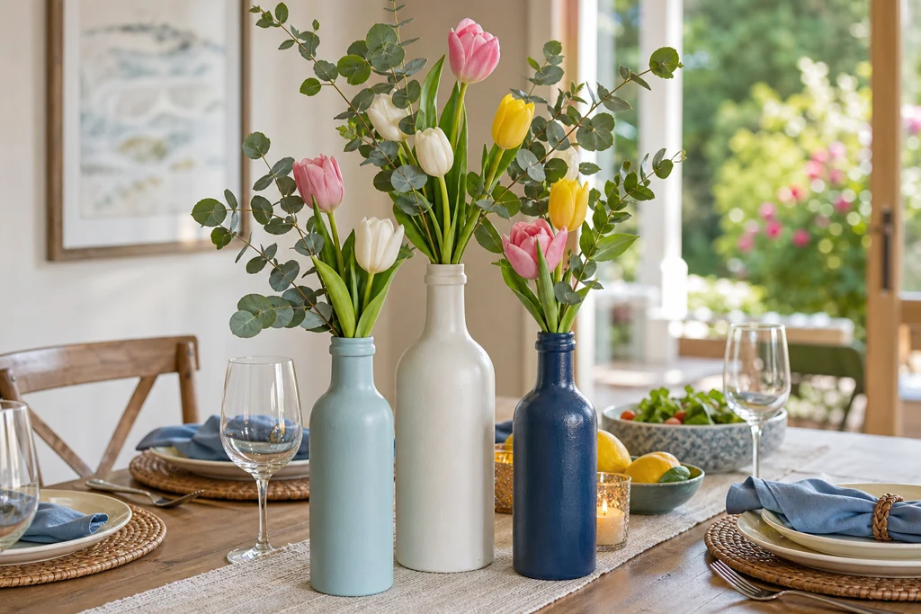 Three painted wine bottle vases with flowers as a table centerpiece