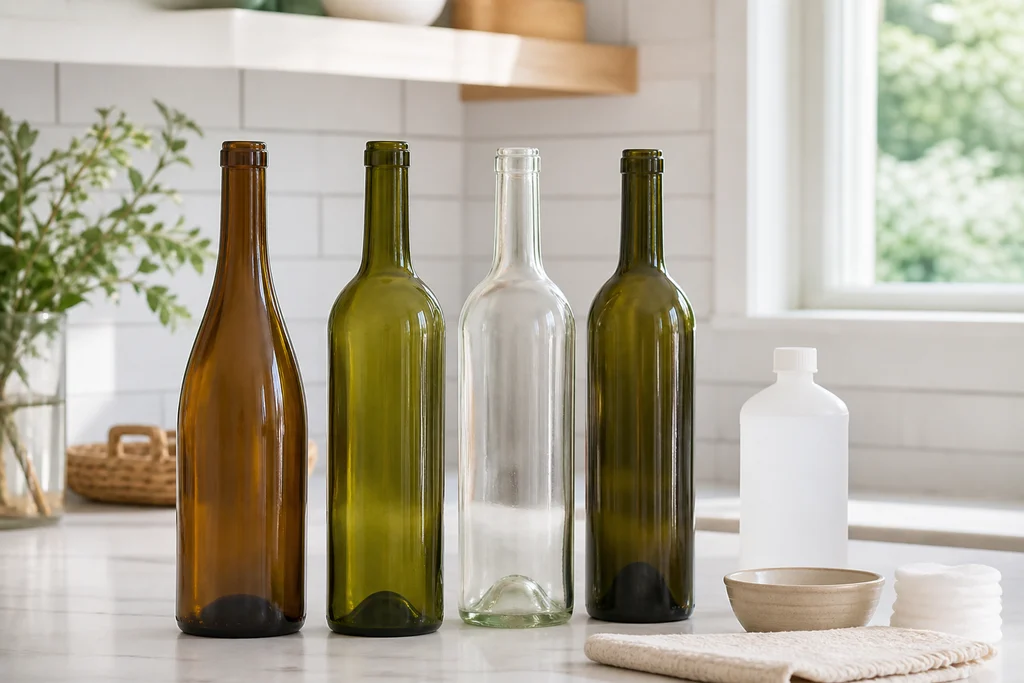 Empty label-free wine bottles ready for upcycled vase DIY on a kitchen counter