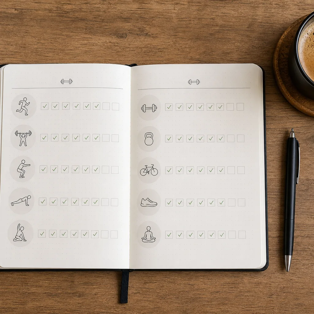 Fitness journal with workout completion checkmarks and a fitness watch on a desk