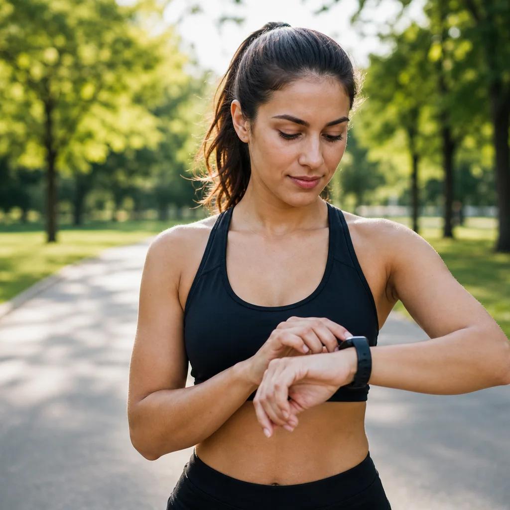 Runner checking fitness watch before an afternoon training session in the park
