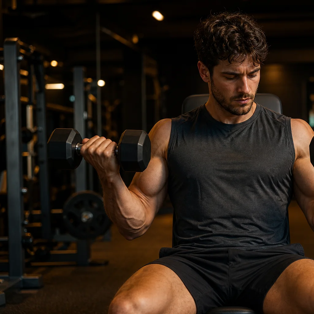 Man performing dumbbell exercises in a gym during an evening workout