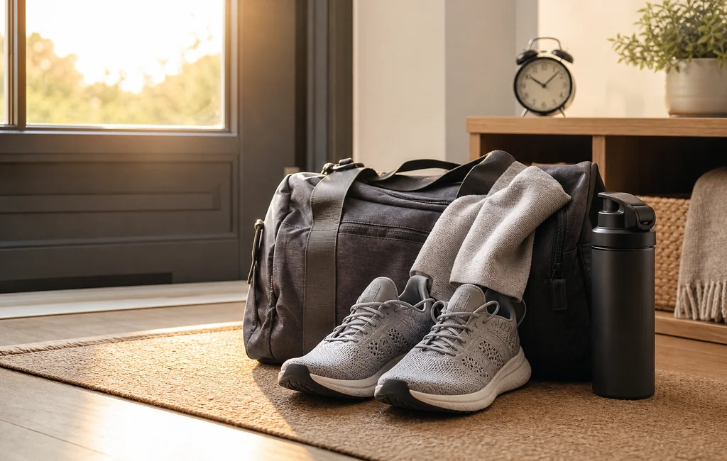 Gym bag and running shoes by the door at early morning, ready for a consistent workout routine