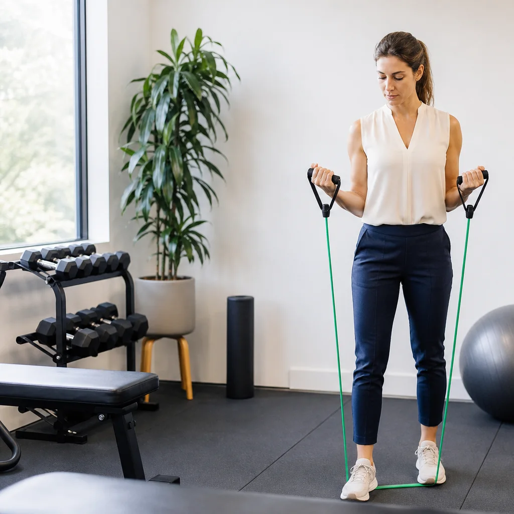 Office worker doing a quick lunch break workout in a small gym