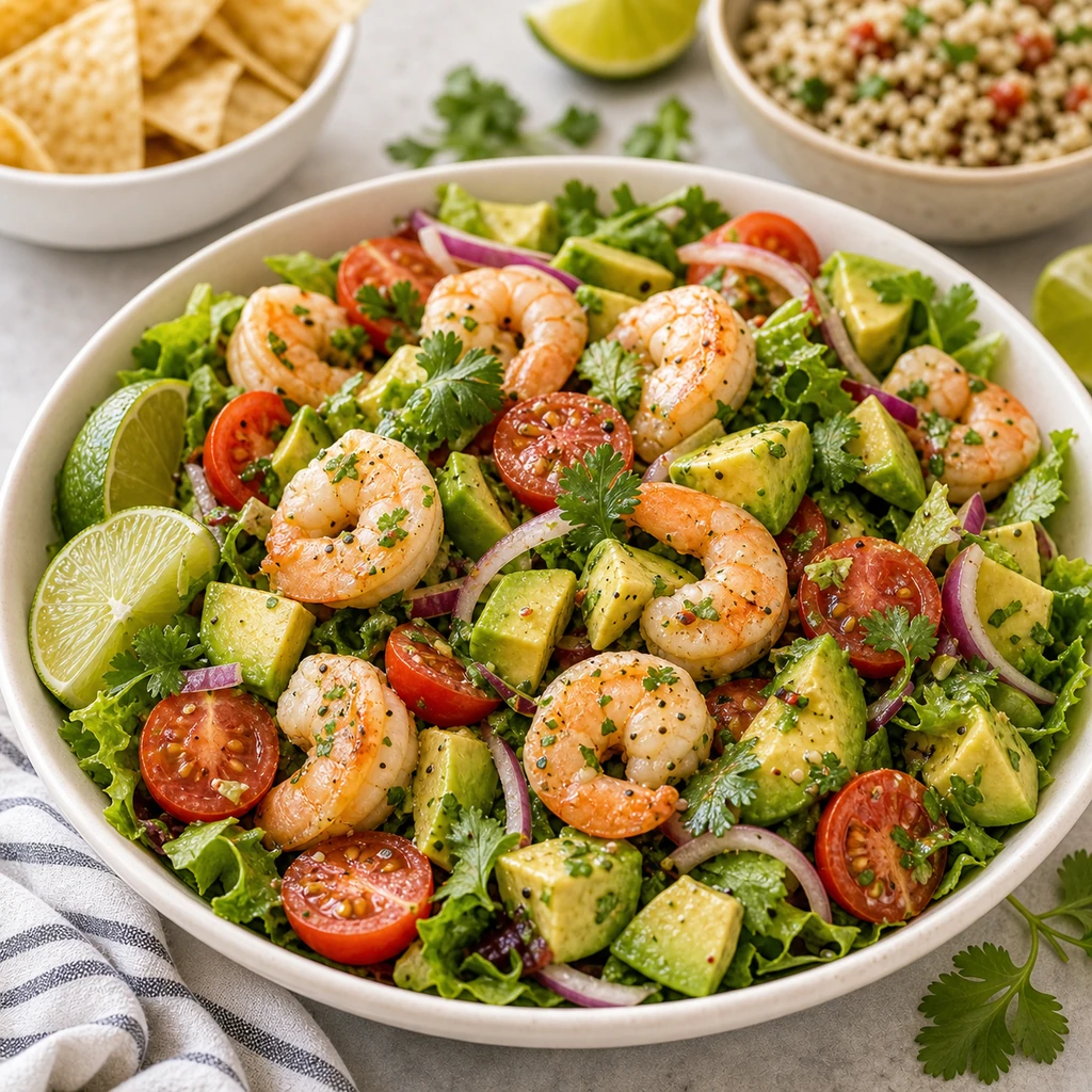 Served zesty lime shrimp and avocado salad in a shallow bowl with lime wedges, cilantro, tomatoes, and red onion