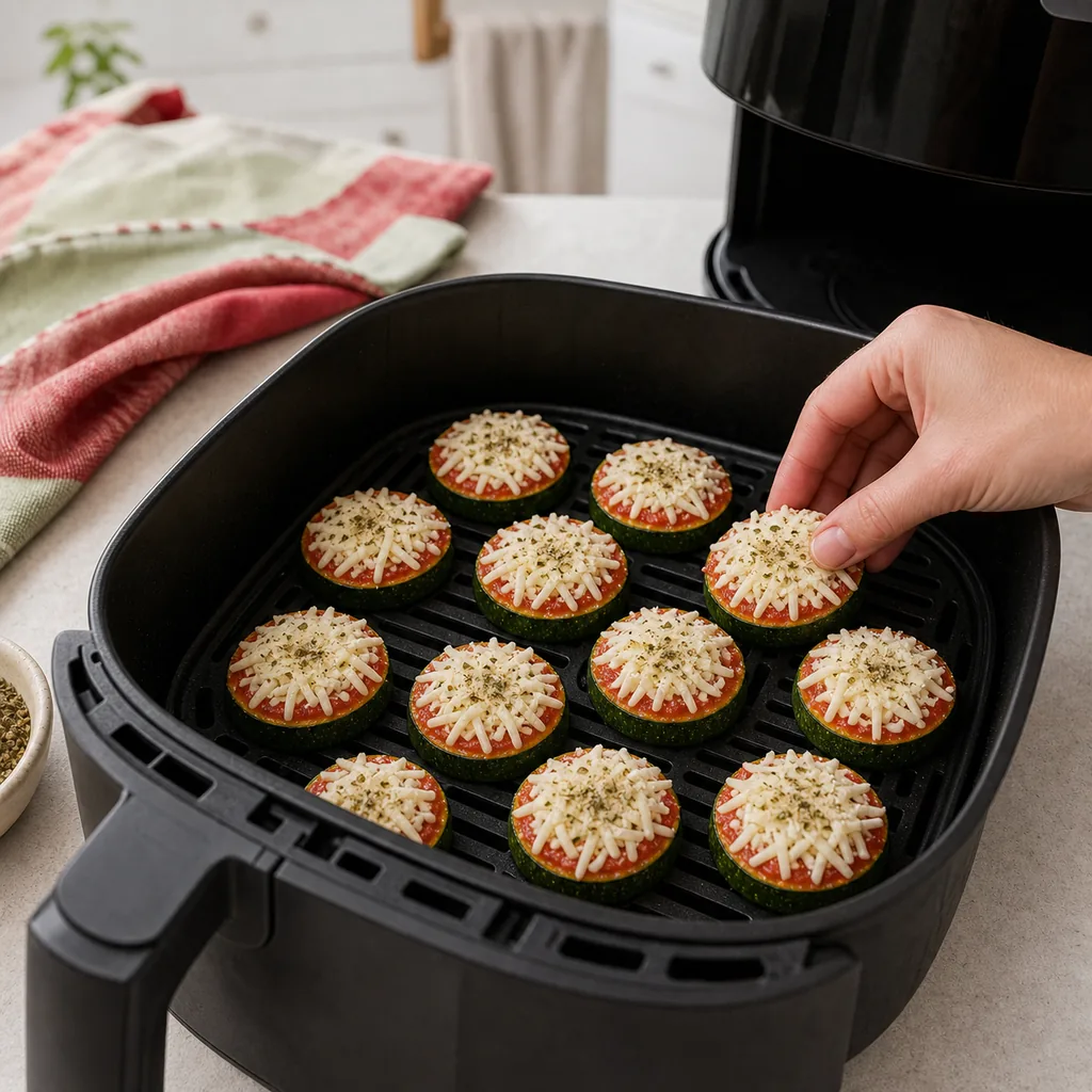 Uncooked zucchini pizza bites arranged in an air fryer basket
