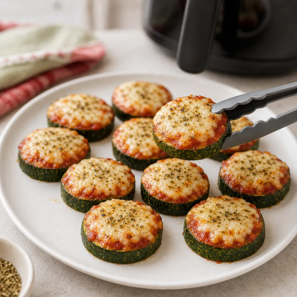 Crispy air fryer zucchini pizza bite lifted with tongs