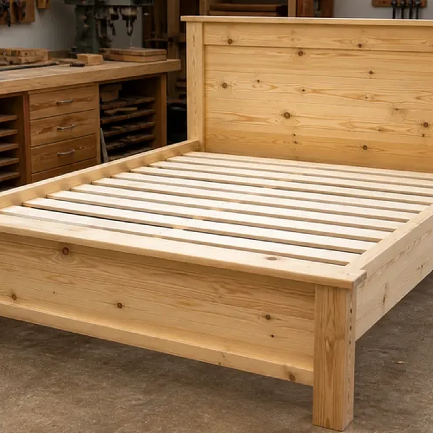 Finished rustic platform bed with slat deck in a woodshop