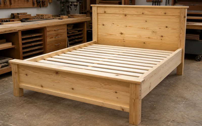 Finished rustic platform bed with slat deck in a woodshop
