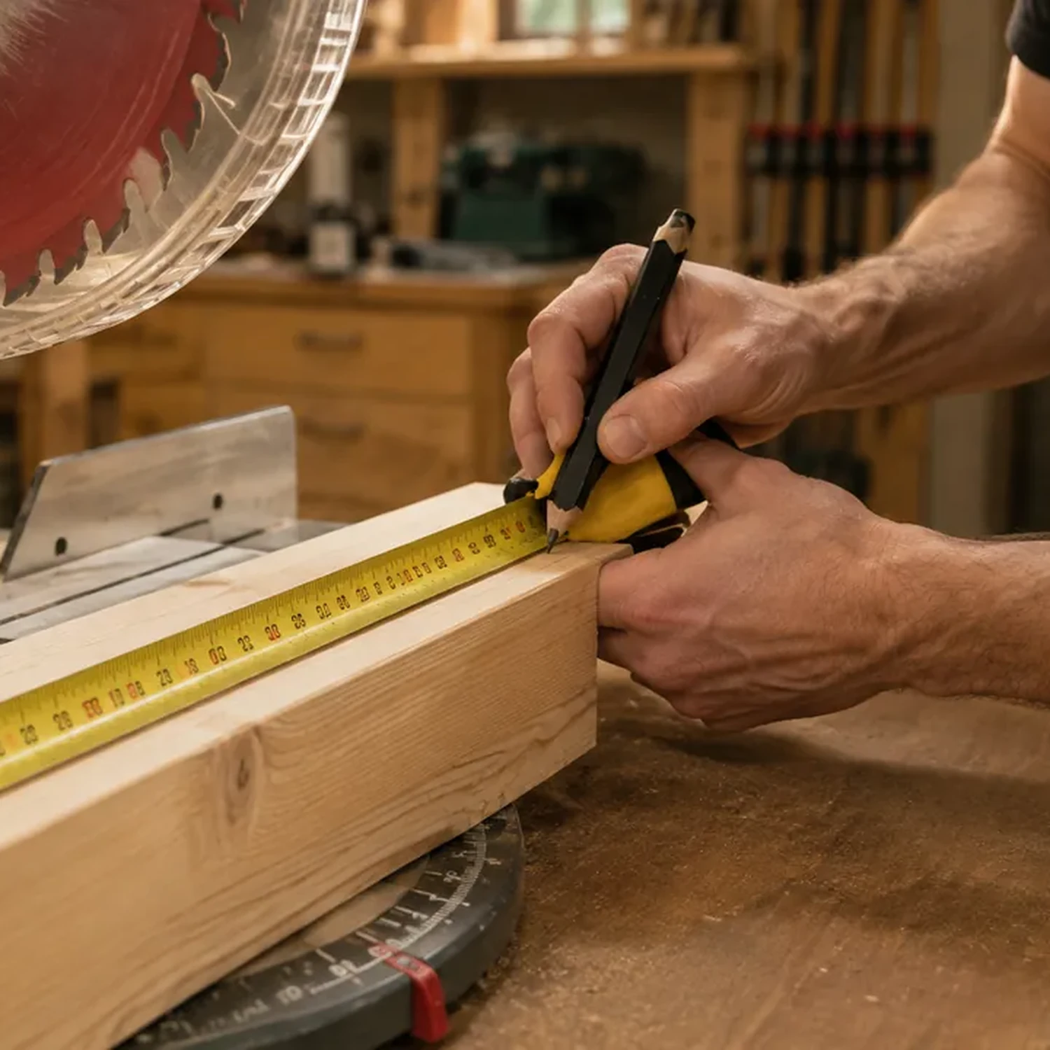 Measuring pine lumber before cutting bed frame parts