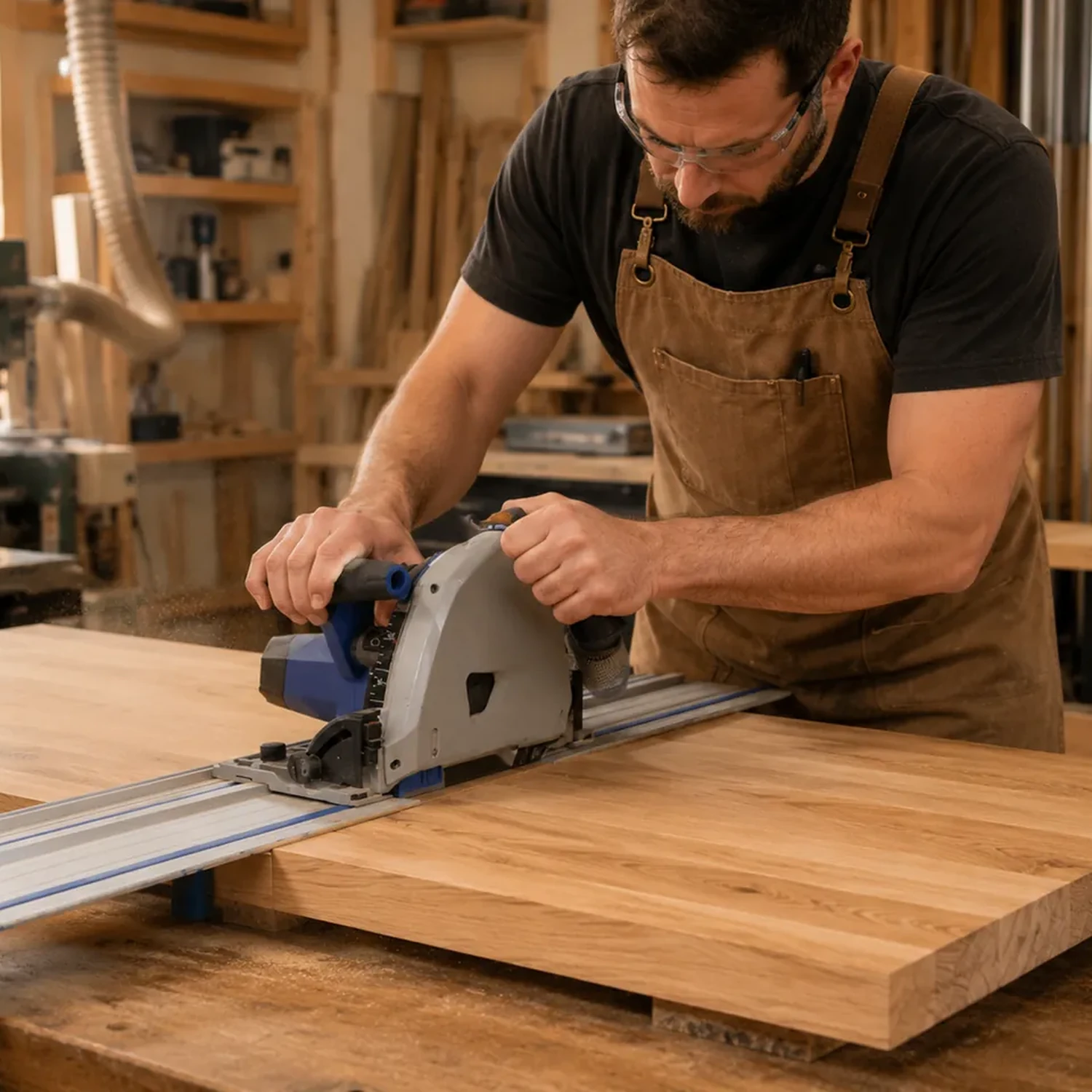 Trimming a wide headboard panel square with a track saw
