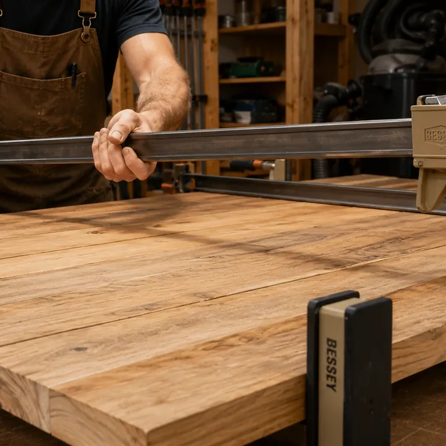 Clamping a rustic plank headboard panel on a workbench