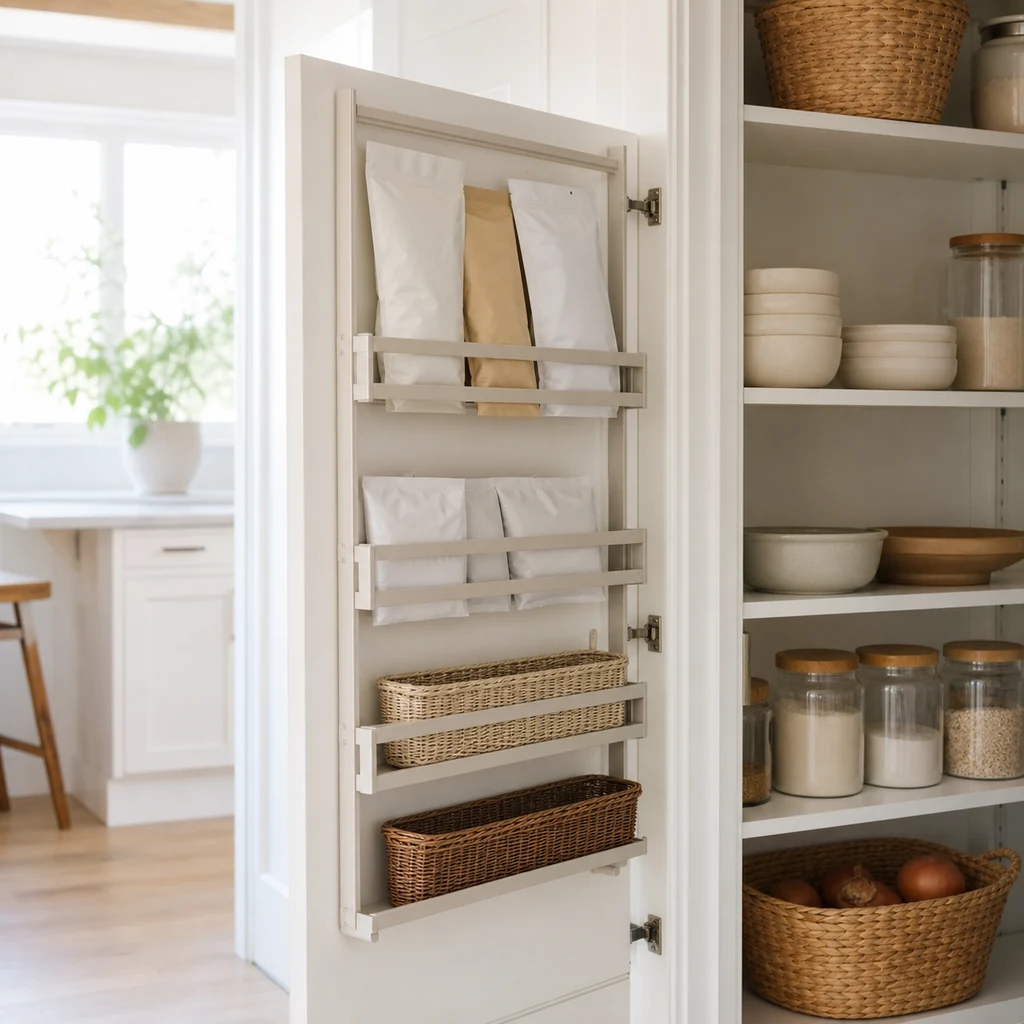 Shallow pantry door rack holding lightweight wraps packets and snack bars