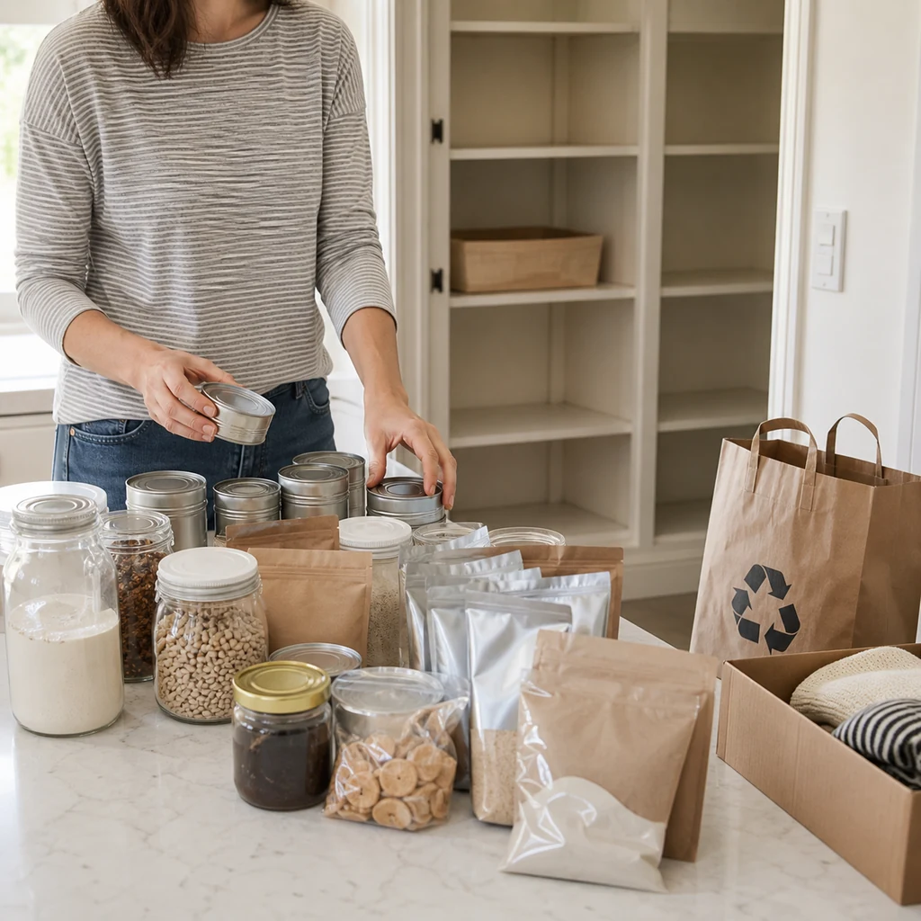 Homeowner sorting pantry food into clear inventory groups on a kitchen island