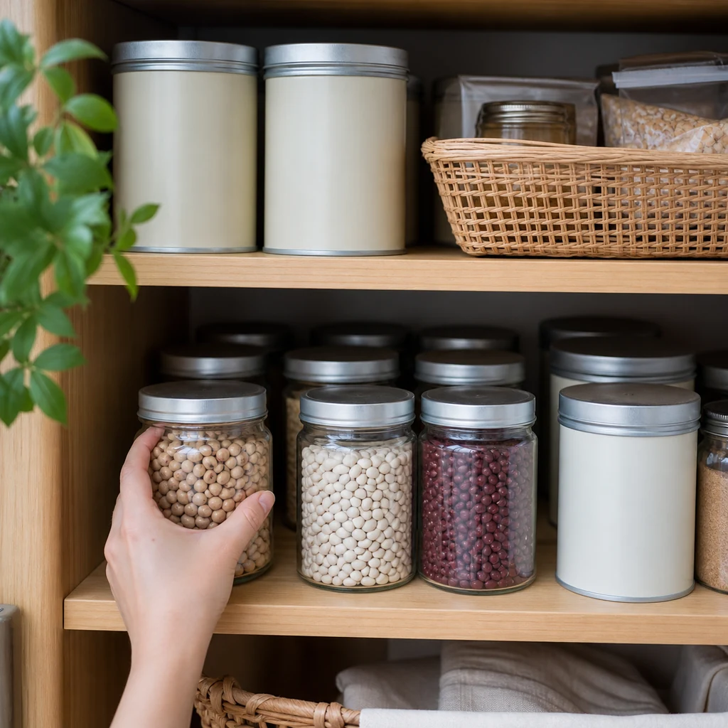 Older pantry goods placed in front with a clearly visible use-first basket