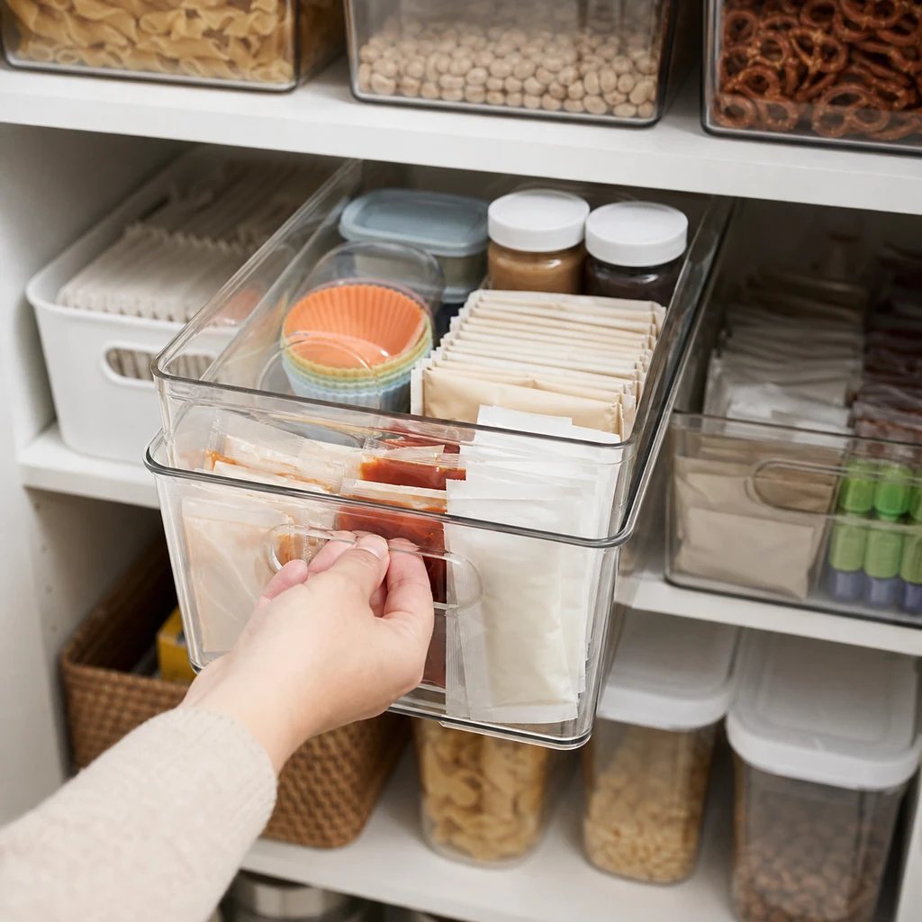 Clear handled pantry bins sliding forward from a deep shelf like drawers