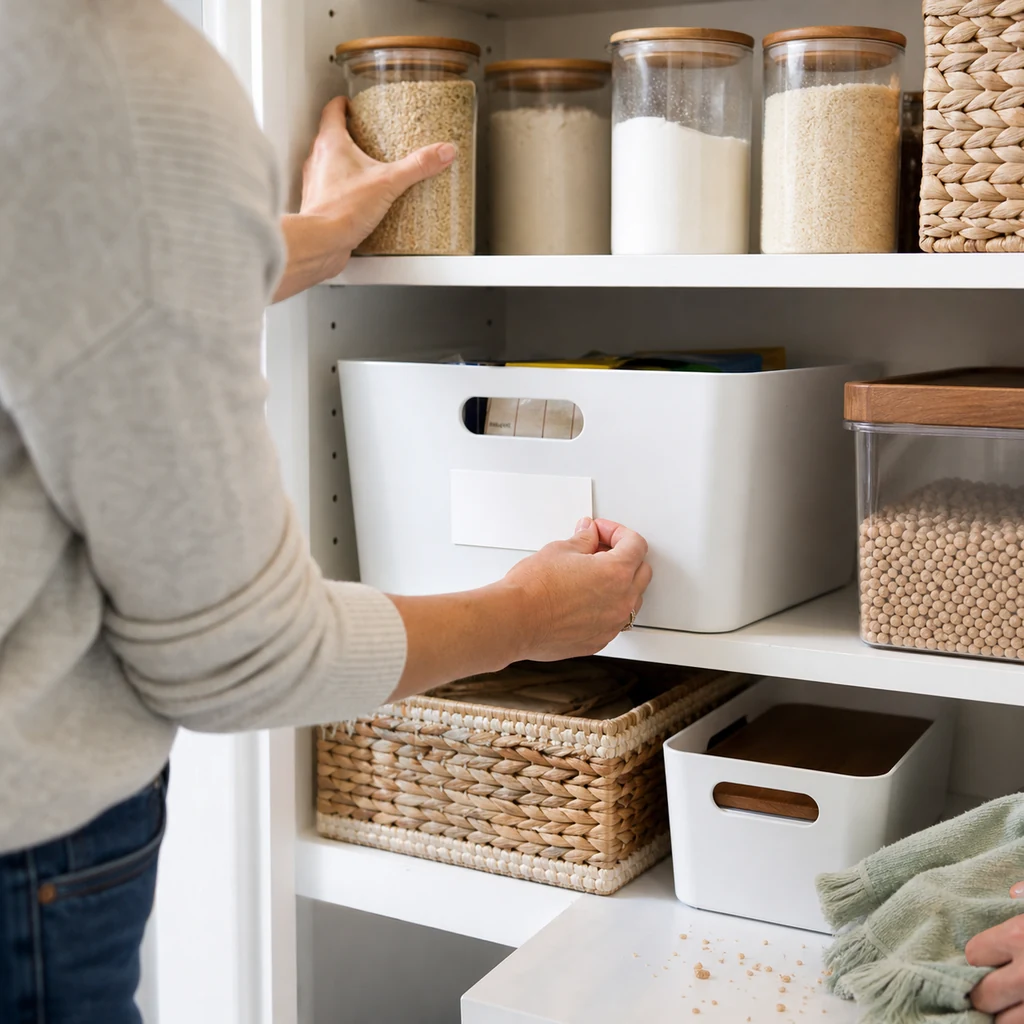 Homeowner labeling broad pantry zones during a quick weekly reset