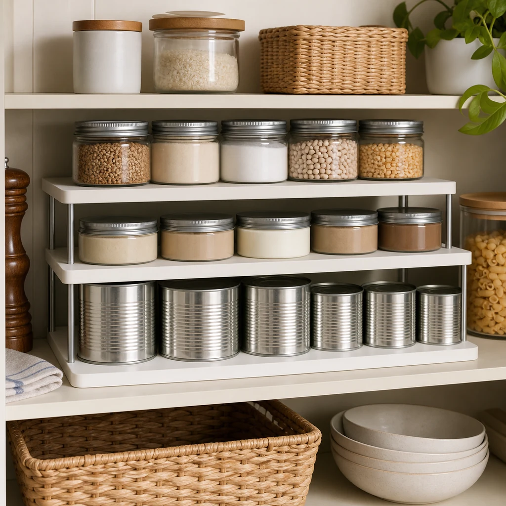 Canned foods and short jars arranged visibly on tiered pantry shelf risers